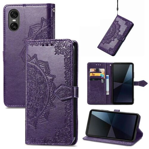 SATURCASE Coque pour Sony Xperia 10 VI 2024, Mandala Gaufrage PU Cuir Magnétique Flip Portefeuille Support Porte-carte Protecteur Housse Étui avec Dragonne pour Sony Xperia 10 VI 2024 (MA-Violet)