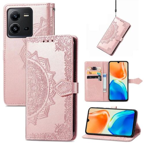 SATURCASE Coque pour Vivo X80 Lite, Mandala Gaufrage PU Cuir Magnétique Flip Portefeuille Support Porte-carte Protecteur Housse Étui avec Dragonne pour Vivo X80 Lite (MA-Or rose)