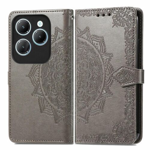 SATURCASE Coque pour Infinix Hot 40, Mandala Gaufrage PU Cuir Magnétique Flip Portefeuille Support Porte-carte Protecteur Housse Étui avec Dragonne pour Infinix Hot 40 (MA-Gris)