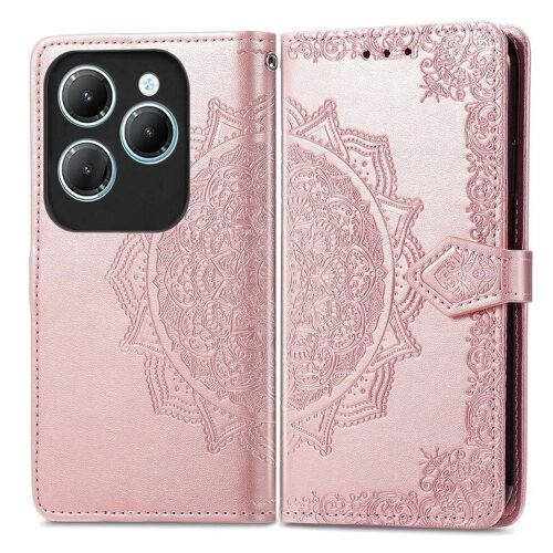 SATURCASE Coque pour Infinix Hot 40, Mandala Gaufrage PU Cuir Magnétique Flip Portefeuille Support Porte-carte Protecteur Housse Étui avec Dragonne pour Infinix Hot 40 (MA-Or rose)