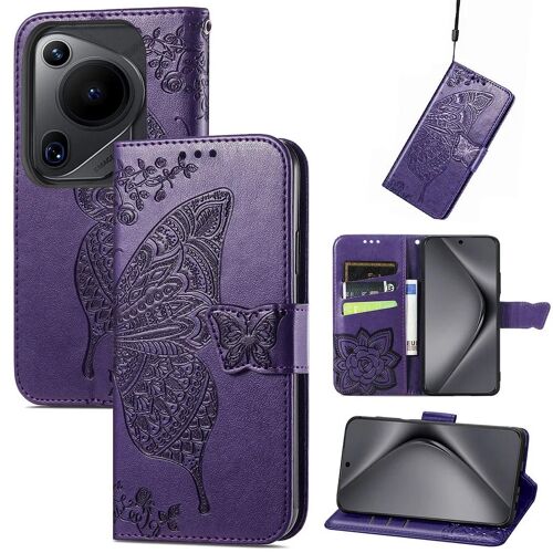 SATURCASE Coque pour Huawei Pura 70 Ultra, Papillon Fleurs PU Cuir Magnétique Flip Portefeuille Support Porte-carte Protecteur Housse Étui avec Dragonne pour Huawei Pura 70 Ultra (HF-Violet)