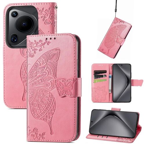 SATURCASE Coque pour Huawei Pura 70 Ultra, Papillon Fleurs PU Cuir Magnétique Flip Portefeuille Support Porte-carte Protecteur Housse Étui avec Dragonne pour Huawei Pura 70 Ultra (HF-Pink)