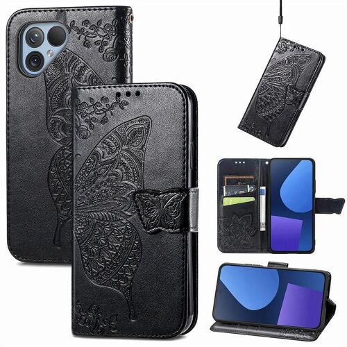 SATURCASE Coque pour Fairphone 5, Papillon Fleurs PU Cuir Magnétique Flip Portefeuille Support Porte-carte Protecteur Housse Étui avec Dragonne pour Fairphone 5 (HF-Noir)