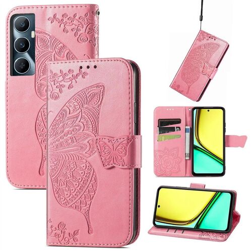 SATURCASE Coque pour Realme C65, Papillon Fleurs PU Cuir Magnétique Flip Portefeuille Support Porte-carte Protecteur Housse Étui avec Dragonne pour Realme C65 (HF-Pink)