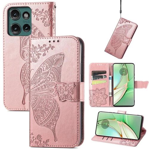 SATURCASE Coque pour Motorola Edge 2024, Papillon Fleurs PU Cuir Magnétique Flip Portefeuille Support Porte-carte Protecteur Housse Étui avec Dragonne pour Motorola Edge 2024 (HF-Or Rose)