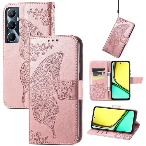 SATURCASE Coque pour Realme C65, Papillon Fleurs PU Cuir Magnétique Flip Portefeuille Support Porte-carte Protecteur Housse Étui avec Dragonne pour Realme C65 (HF-Or Rose)