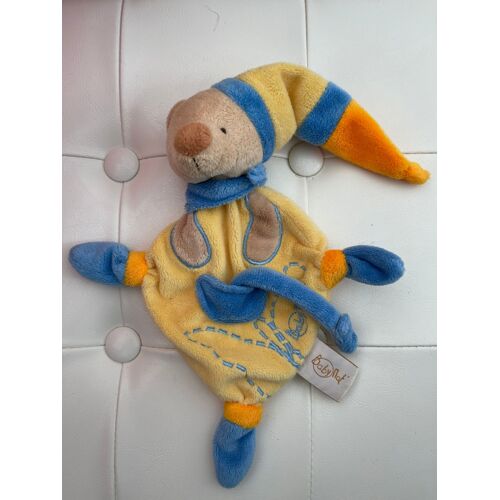 Doudou Peluche Ours Baby Nat Attache Tétine Bleu Jaune Bonnet