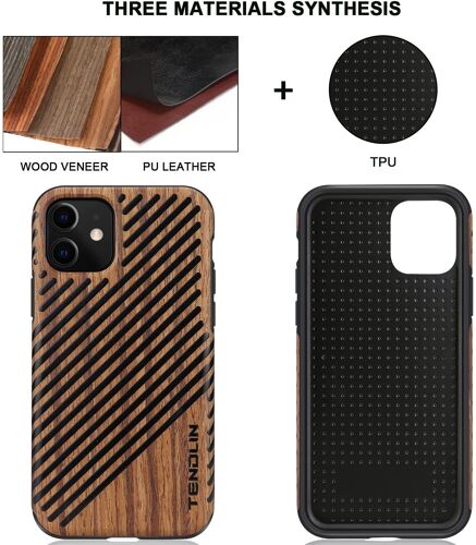 Coque iPhone 11 Etui en Bois et Cuir Protection Compatible avec iPhone 11 (Bois de Santal Rouge)