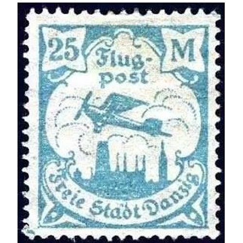 Allemagne, Ville Libre De Danzig 1923, Beau Timbre De Poste Aérienne Yvert 8, Petit Avion Survolant La Ville, 25mk. Bleu Ciel, Neuf*