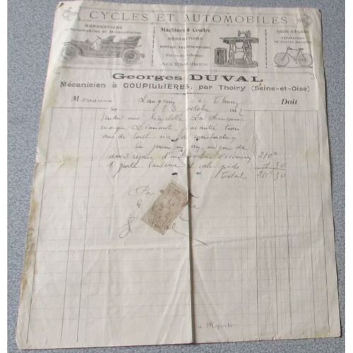 Facture Manuscrite Pour L'achat D'une Bicyclette Le 13/10/1912- En-Tête De Georges Duval Mécanicien À Goupillières Par Thoiry (Seine Et Oise)-Avec Timbre Quittance Attestant Le Paiement-21.5x27cm