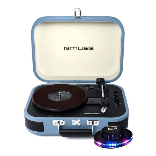 Platine vinyle - Muse MT-201BTB - stéréo bleue clair 33/45/78 tours avec enceintes intégrées - USB/SD/AUX - Lumière OVNI