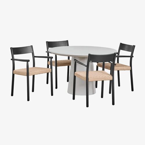 Set de table ronde Ø120 cm en ciment Noemi et 4 chaises de salle à manger en bois de chêne et corde tressée Mara