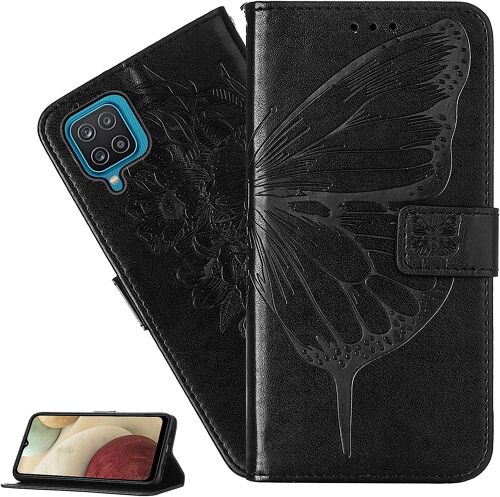 Coque Galaxy A12,Etui Housse pour Samsung Galaxy A12 Coque Gaufrage Fleur papillon PU Cuir Flip Wallet Coquille Couverture pour Samsung Galaxy A12,YB Die Black
