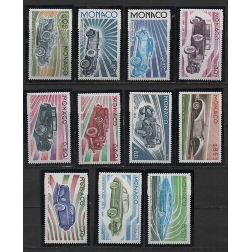 Monaco: Série De 11 Timbres De 1975 Représentant L'évolution Des Lignes De L'automobile.
