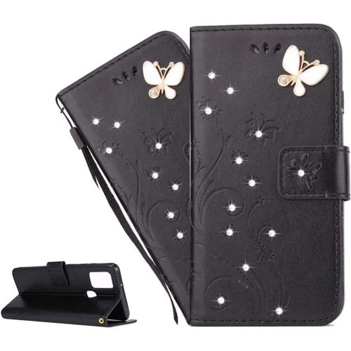 Coque Iphone 6s / Iphone 6,Etui Housse Pour Iphone 6s Coque Gaufrage Paillette Diamant Papillon Fleur Pu Cuir Flip Wallet Coquille Couverture Pour Iphone 6s,Gh Black