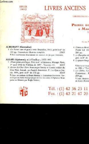 Catalogue N°52 Hiver 1992 De La Librairie De Kerangue & Malo Polles - Livres Anciens.