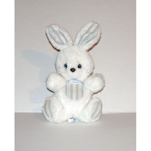 Lapin Blanc Rayé Bleu Tartine Et Chocolat Ancienne Peluche 29 Cm