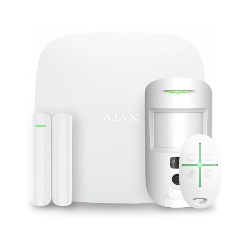 Kit de démarrage Ajax Cam Plus. Blanc. Le kit se compose du Hub 2 Plus Ajax. du détecteur Ajax MotionCam. du détecteur d'ouverture Ajax DoorProtect e