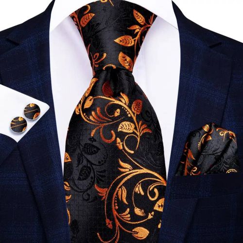 Soie Hommes Cravate Ensemble Floral Jaune Or Cravates Et Mouchoirs Boutons De Manchette Ensemble Hommes Costume De Fête De Mariage Mode Cravate C-3053-3338-