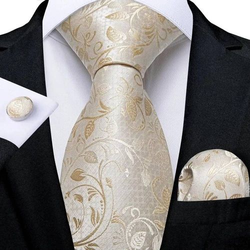 Champagne Couleur Or Soie Hommes Cravates Élégantes Mode Hommes Cravate Poche Carré Boutons De Manchette Ensemble Fête D'affaires Mariage--N-1167