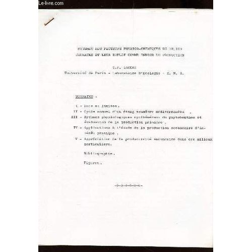 Rythmes Des Facteurs Physico-Chimiques Du Milieu Saumatre Et Leur Emploi Comme Indice De Production (Notes).