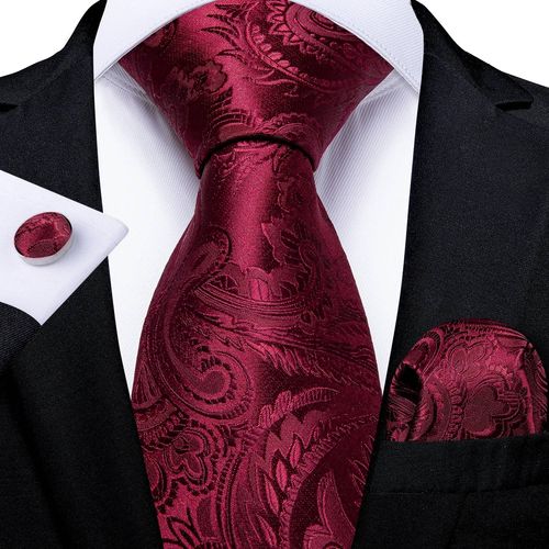 Ensemble De Cravates De Luxe En Soie Rouge Pour Hommes,Rayé À Fleurs,Solide,8 Cm,Mouchoir,Boutons De Manchette,Affaires,Mariage,Bal De Promo,Accessoires De Marié,Cadeau Pour Hommes-Ldsn7189-
