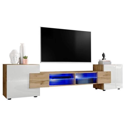 Meuble Banc TV Merano Version 2 Komodee - LED Bleues - Blanc Brillant et Bois naturel - 230 x 53 x 35 cm