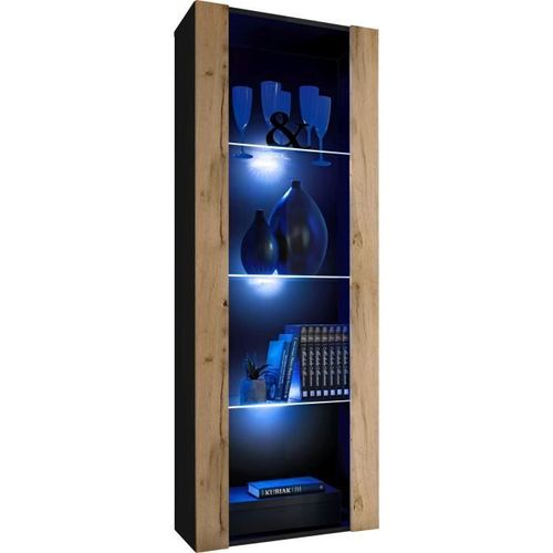 Vitrine Armoire Komodee Tivoli - Led Bleues - Bois Naturel Et Noir - 55 X 159 X 35 Cm