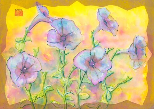 Aquarelle Originale Fleurs Pétunias Multicolor Watercolor Still Life Nm78