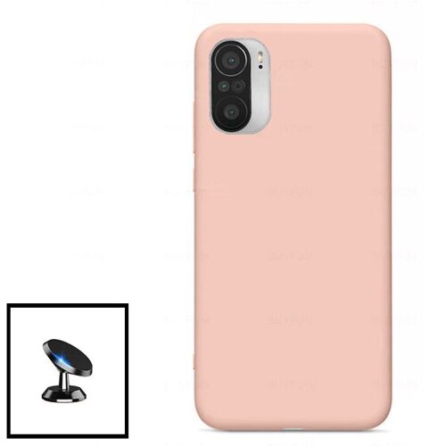 Kit Support Magnétique de Voiture + Coque en Silicone Liquide Xiaomi Poco F3 - rose