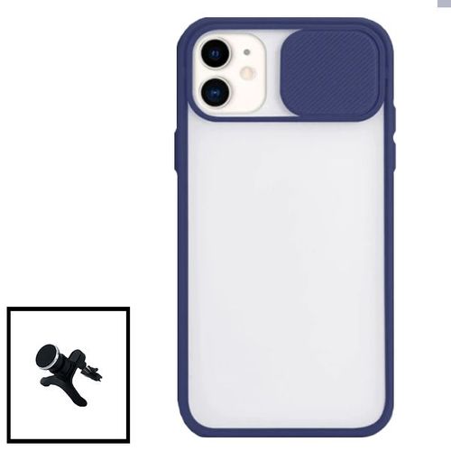 Kit Coque Avec Fenetre Anti-Choc Mat + Support Magnétique De Voiture Renforcé Pour Iphone 12 Mini - Bleu Foncé