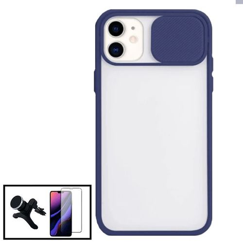 Kit Coque Avec Fenetre Anti-Choc Mat + Film De Verre Trempé 5d À Couverture Complète + Support Magnétique De Voiture Renforcé Pour Iphone 12 Mini - Bleu Foncé