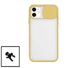 Kit Coque Avec Fenetre Anti-Choc Mat + Support Magnétique De Voiture Renforcé Pour Iphone 12 Pro - Jaune