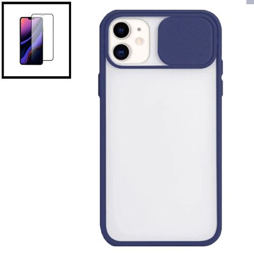 Kit Coque Avec Fenetre Anti-Choc Mat + Film De Verre Trempé 5d À Couverture Complète Pour Iphone 12 Mini - Bleu Foncé