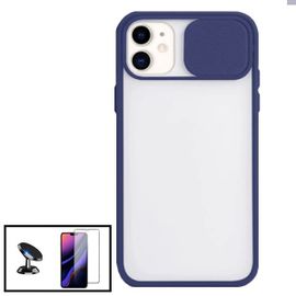 Kit Coque Avec Fenetre Anti-Choc Mat + Film De Verre Trempé 5d À Couverture Complète + Support Magnétique De Voiture Pour Iphone 12 Pro Max - Bleu Foncé