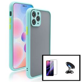 Kit Coque Antichoc Caméra Protection + Film De Verre Trempé 5d À Couverture Complète + Support Magnétique De Voiture Pour Iphone 12 Pro Max - Bleu Clair
