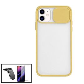 Kit Coque Avec Fenetre Anti-Choc Mat + Film De Verre Trempé 5d À Couverture Complète + Support Magnétique L Conduite En Toute Sécurité Pour Iphone 12 Pro - Jaune