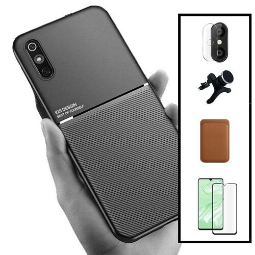 Kit Coque Magnétique Lux + Portefeuille Magnétique Marron + Film de Verre Trempé 5D à Couverture Complète + Film Caméra Arrière + Support Magnétique de Voiture Renforcé pour Xiaomi Redmi 9A Sport