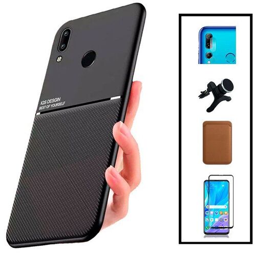 Kit Coque Magnétique Lux + Portefeuille Magnétique Marron + 5d Full Cover + Film Caméra Arrière + Support Magnétique Renforcé Pour Huawei P Smart Plus 2019