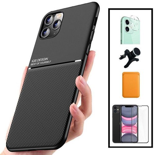 Kit Coque Magnétique Lux + Portefeuille Magnétique Orange + 5d Full Cover + Film Caméra Arrière + Support Magnétique Renforcé Pour Iphone 12 Mini