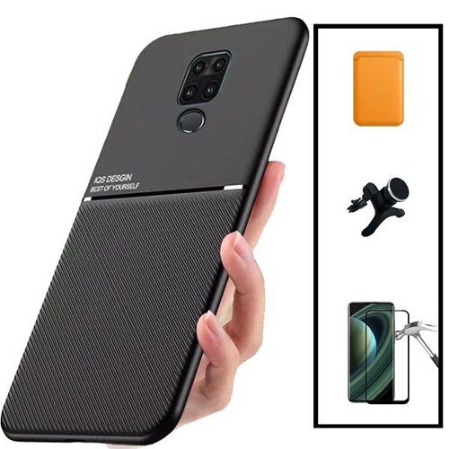 Kit Coque Magnétique Lux + Portefeuille Magnétique Orange + 5D Full Cover + Support Magnétique Renforcé pour Xiaomi Redmi Note 9