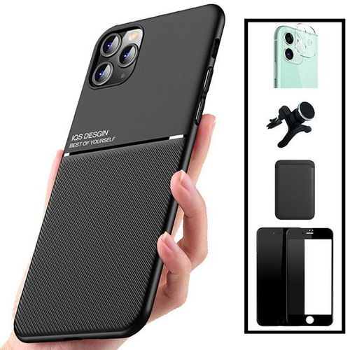 Kit Coque Magnétique Lux + Portefeuille Magnétique Noir + 5d Full Cover + Film Caméra Arrière + Support Magnétique Renforcé Pour Iphone 11