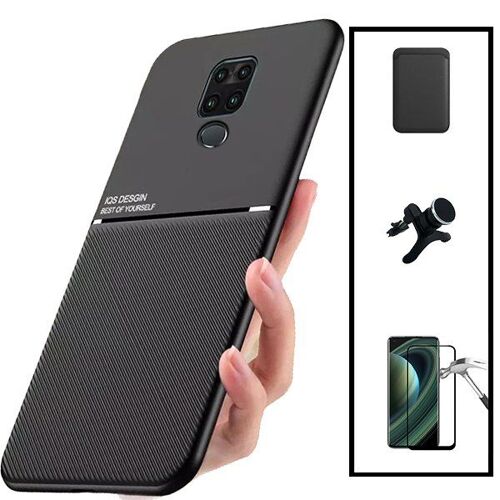 Kit Coque Magnétique Lux + Portefeuille Magnétique Noir + 5D Full Cover + Support Magnétique Renforcé pour Xiaomi Redmi Note 9