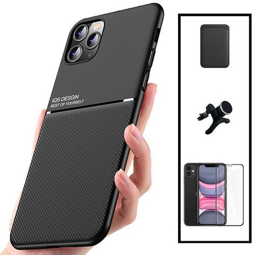 Kit Coque Magnétique Lux + Portefeuille Magnétique Noir + 5d Full Cover + Support Magnétique Renforcé Pour Iphone 11