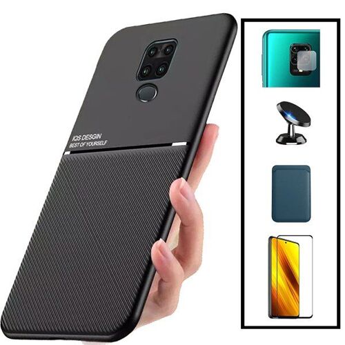 Kit Coque Magnétique Lux + Portefeuille Magnétique Bleu + 5D Full Cover + Film Caméra Arrière + Support Magnétique pour Xiaomi Redmi Note 9