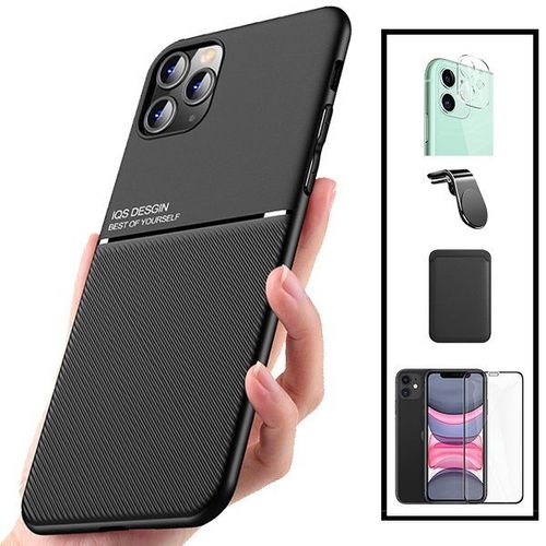 Kit Coque Magnétique Lux + Portefeuille Magnétique Noir + 5d Full Cover + Film Caméra Arrière + Support Magnétique L Pour Iphone 11