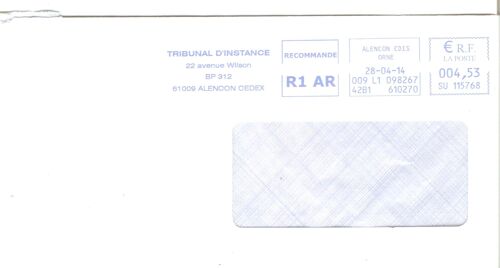 Ema Recommandé R1 Ar 004,53 Su 115768 Tribunal D´Instance Alençon Justice 009 L1 098567 42b1 610270 