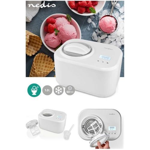 Sorbetière électrique 100W + Compresseur intégré pour glace et sorbets yaourts glacés 1L Blanc/Bleu Plastique / Aluminium