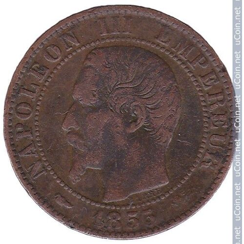 France = Pièce De Monnaie Ancienne : 5 Centimes De Franc , Napoleon I I I , En Bronze, Année 1855, Lettre D ( Lyon) , Atelier Chien