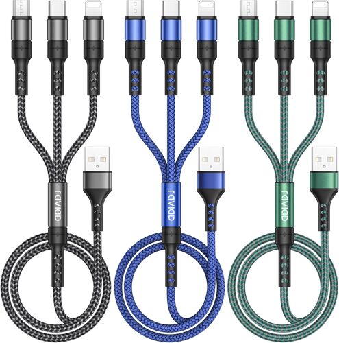 Câble Multi Usb, 3 En 1 Câble Universel [1.2m, Lot De 3] Multi Usb Câble De Chargement En Nylon Avec Micro Usb Type C Lightning Câble Pour Iphone, Samsung Galaxy S23, Huawei, Honor, Oneplus